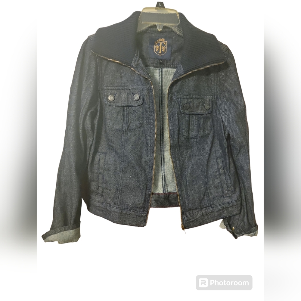 Dark blue talbots jean zip bomber jacket sz 10 petite A